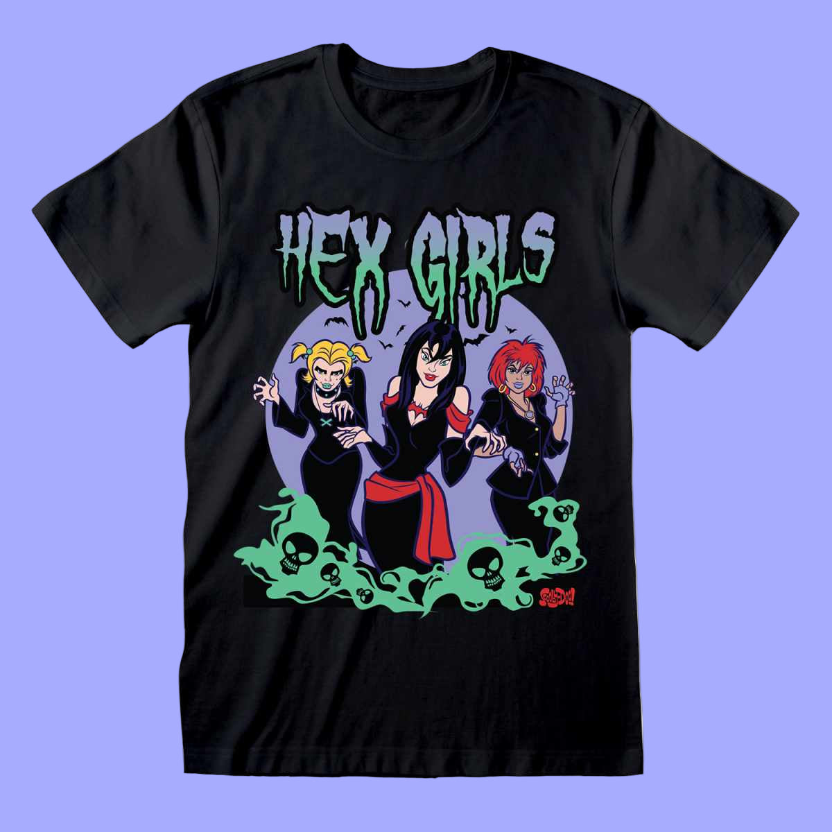 Official Scooby Doo T-shirt Black unisex t-shirt with a graphic print of three female characters from the Scooby Doo series, titled 'HEX GIRLS'.