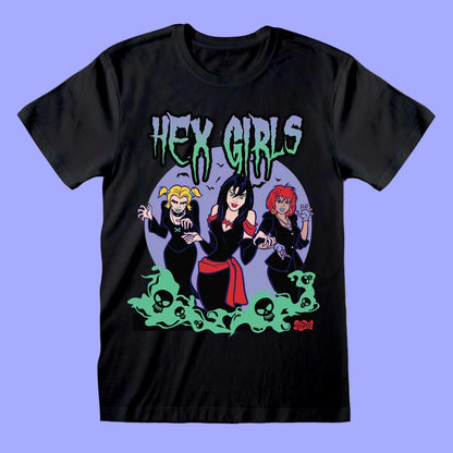 Official Scooby Doo T-shirt Black unisex t-shirt with a graphic print of three female characters from the Scooby Doo series, titled 'HEX GIRLS'.
