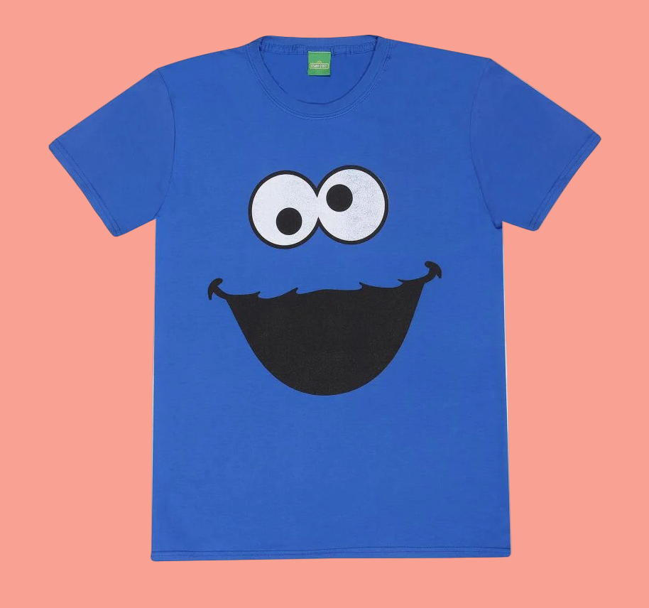 Short sleeve Royal Blue t-shirt with a large smiley Cookie Monster face design 