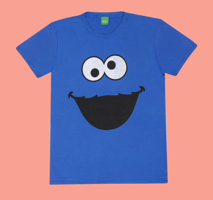 Short sleeve Royal Blue t-shirt with a large smiley Cookie Monster face design 