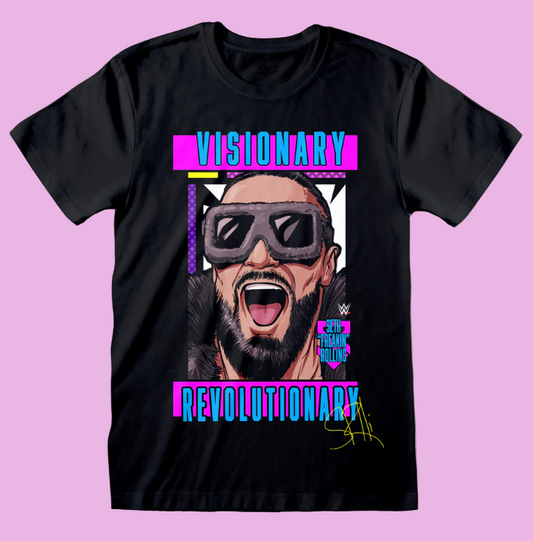 WWE Seth Rollins Black t-shirt with a graphic of a person wearing glasses and text on a white background