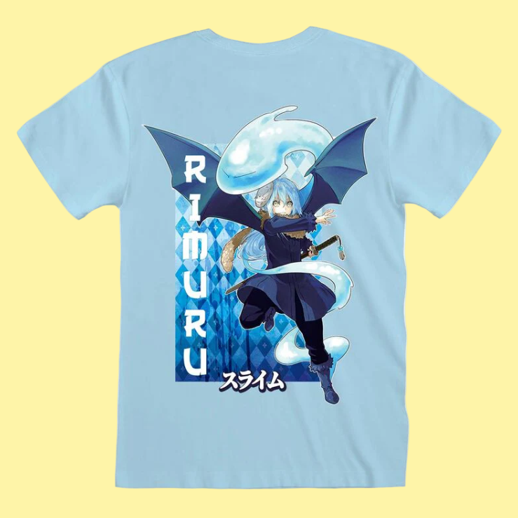 Light blue short sleeve t-shirt with That Time I Got Reincarnated as a Slime  Rimuru Back Print anime character and 'Rimuru' text 