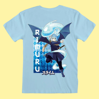 Light blue short sleeve t-shirt with That Time I Got Reincarnated as a Slime  Rimuru Back Print anime character and 'Rimuru' text 