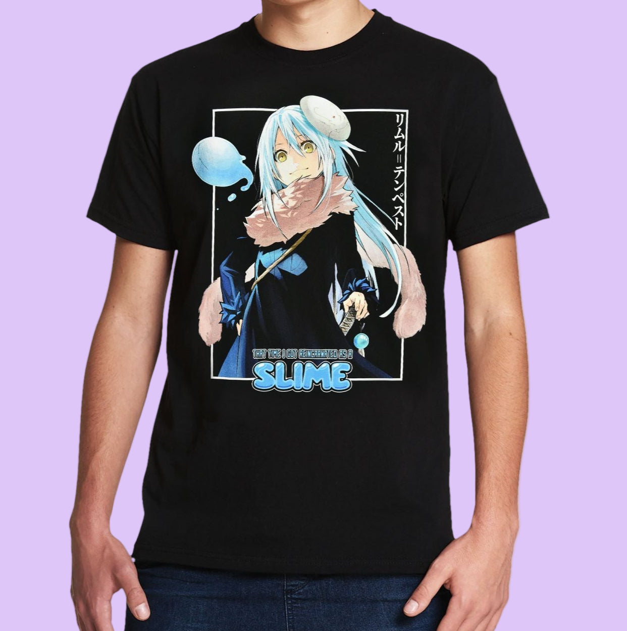 person wearing short sleeve black t-shirt with anime Rimuru character and 'that time i got reincarnated as a slime' text 