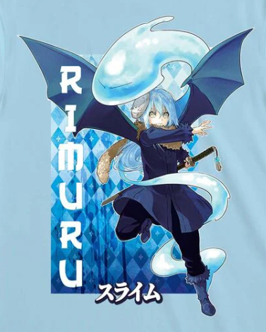 Close up of Light blue short sleeve t-shirt with That Time I Got Reincarnated as a Slime  Rimuru Back Print anime character and 'Rimuru' text 