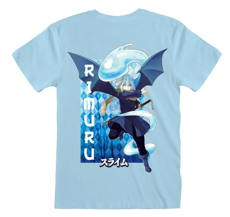 Light blue short sleeve t-shirt with That Time I Got Reincarnated as a Slime  Rimuru Back Print anime character and 'Rimuru' text 