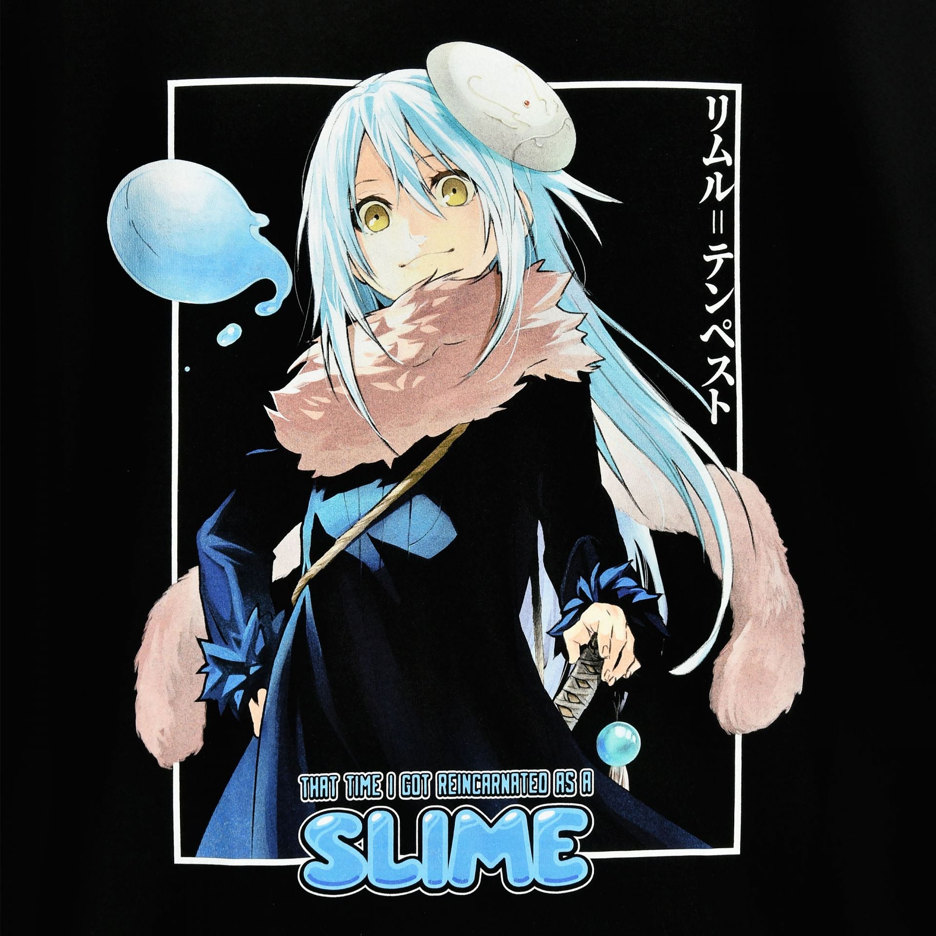 Close up of a black short sleeve t-shirt with anime Rimuru character and 'that time i got reincarnated as a slime' text 