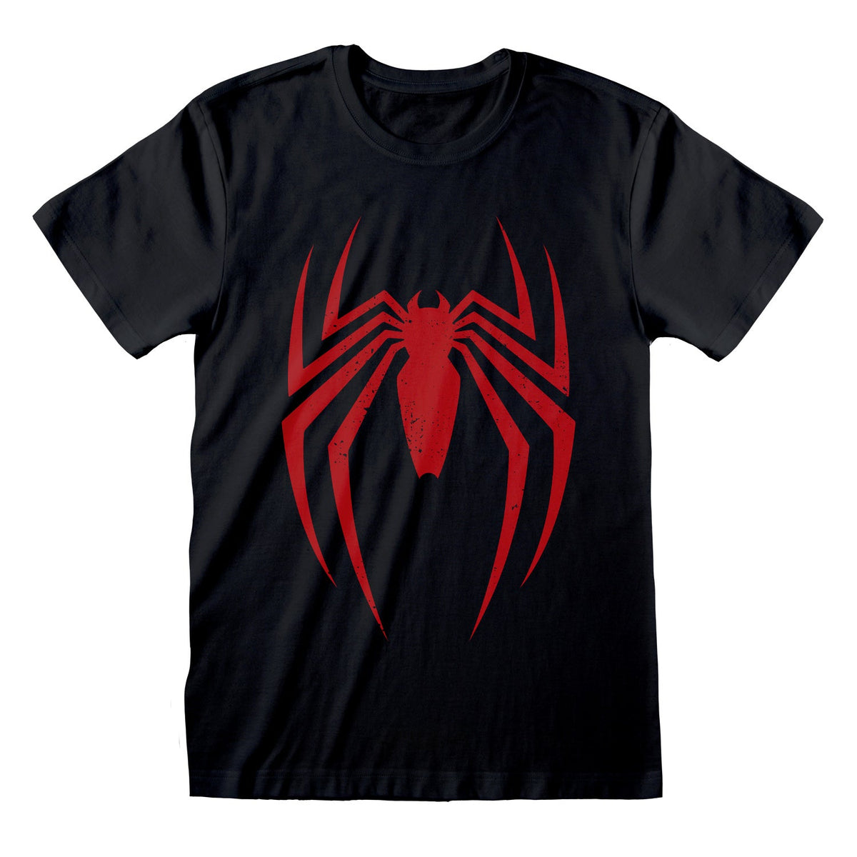 Black t-shirt with a red spider logo on a white background