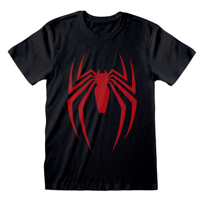 Black t-shirt with a red spider logo on a white background