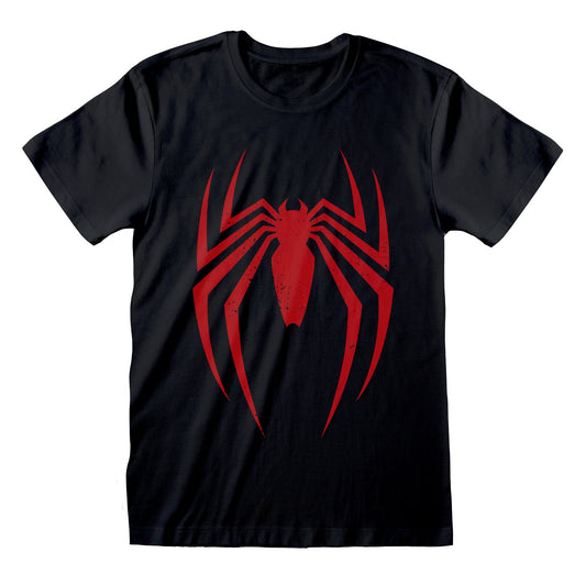 Black t-shirt with a red spider logo on a white background