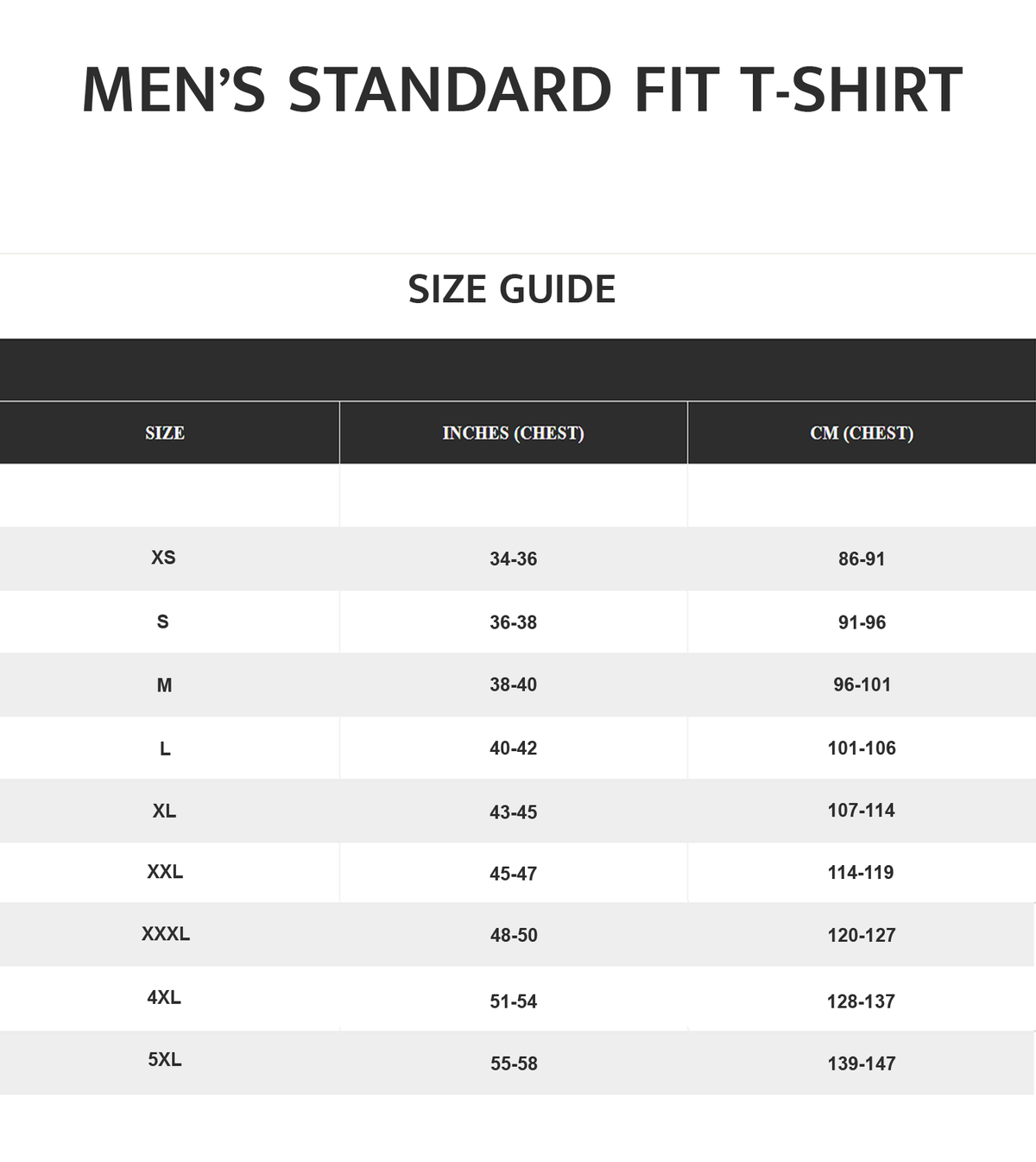 A size guide table for men's standard fit t-shirts, showing sizes from XS to 5XL with corresponding chest measurements in inches and centimeters.