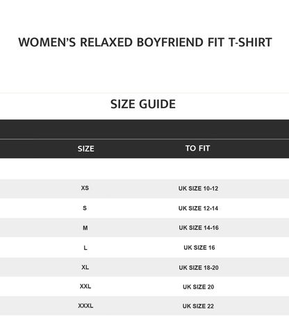 A size guide table for a women's relaxed boyfriend fit t-shirt, listing sizes XS through XXXL with corresponding UK sizes.