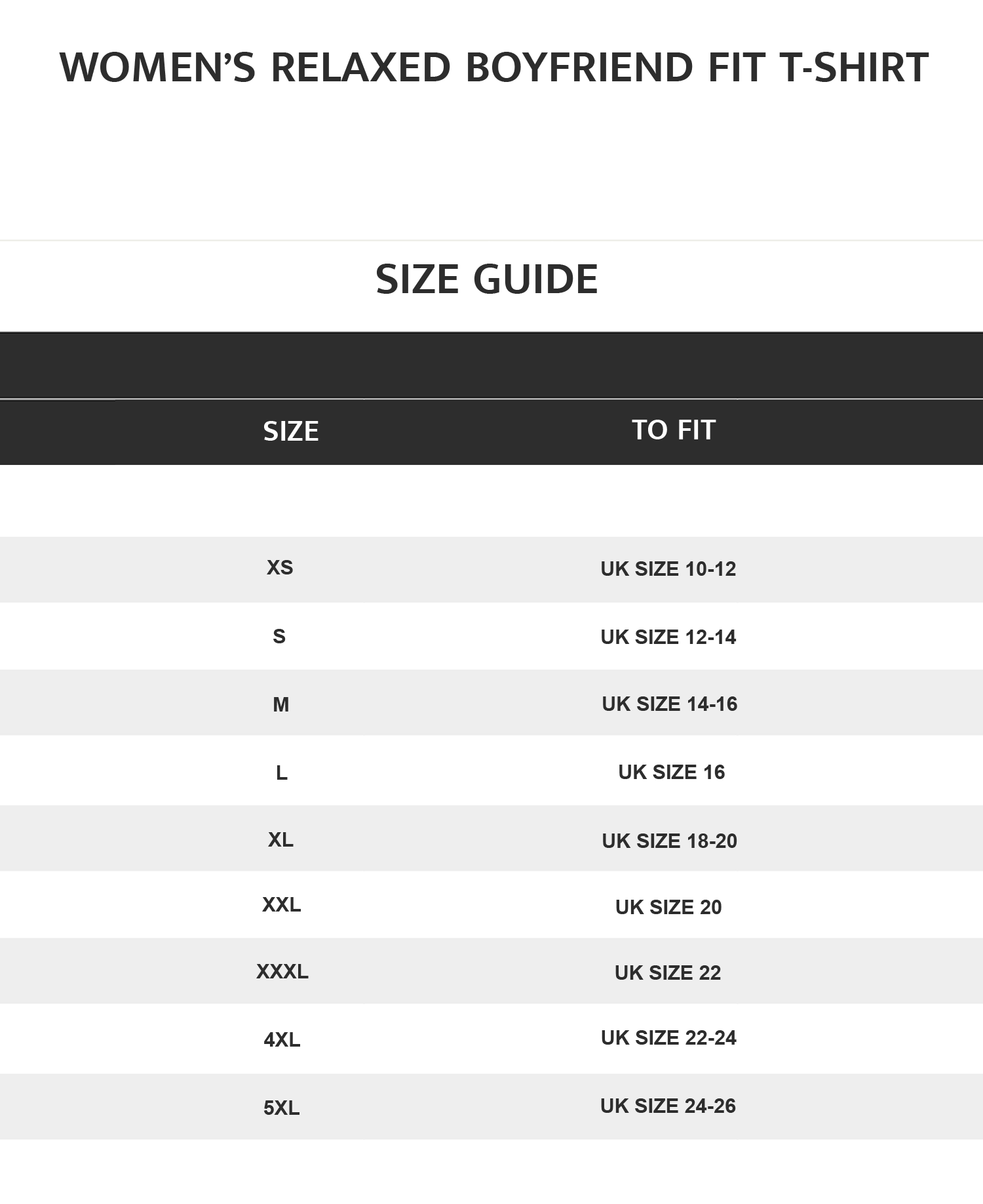 A size guide table for a women's relaxed boyfriend fit t-shirt, showing sizes XS through 5XL with corresponding UK sizes.