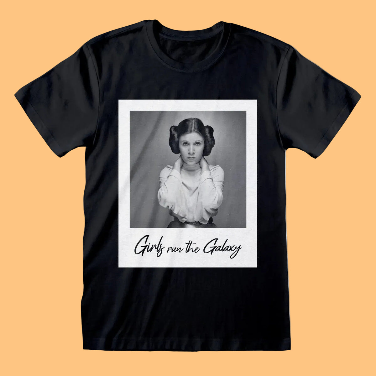 Black t-shirt with a graphic of a person in a vintage outfit and text 'Girlz run the Galaxy' 