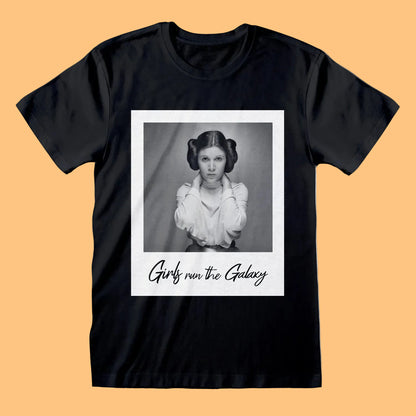 Black t-shirt with a graphic of a person in a vintage outfit and text 'Girlz run the Galaxy' 