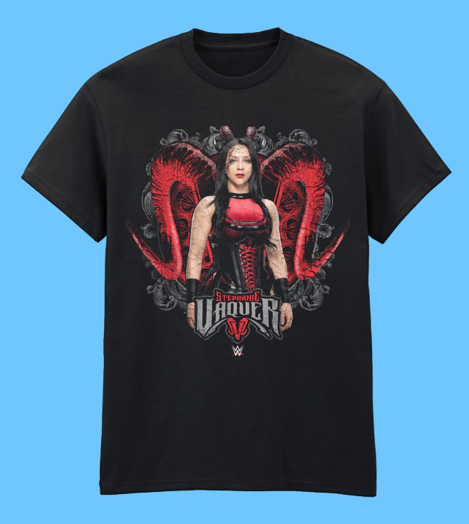 WWE Black t-shirt with a graphic design of a woman with red wings and text on a white background