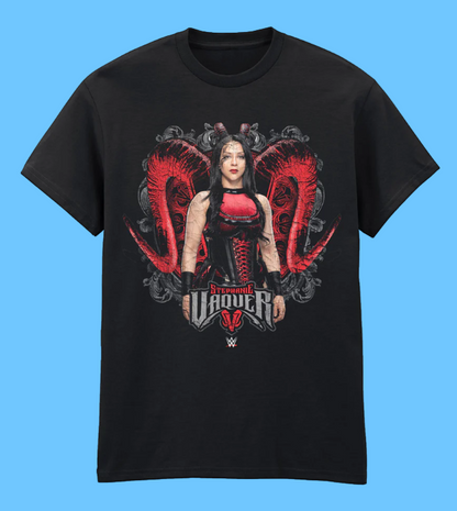 WWE Black t-shirt with a graphic design of a woman with red wings and text on a white background