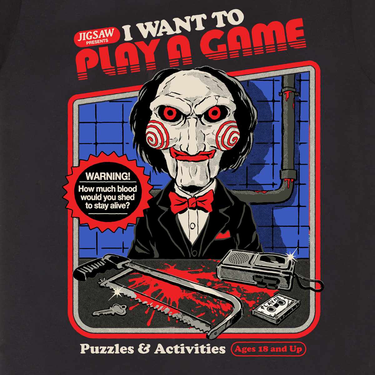 A black t-shirt with a graphic print of a character from the popular SAW horror franchise, along with text that reads 'I WANT TO PLAY A GAME' and 'Puzzles & Activities'. 