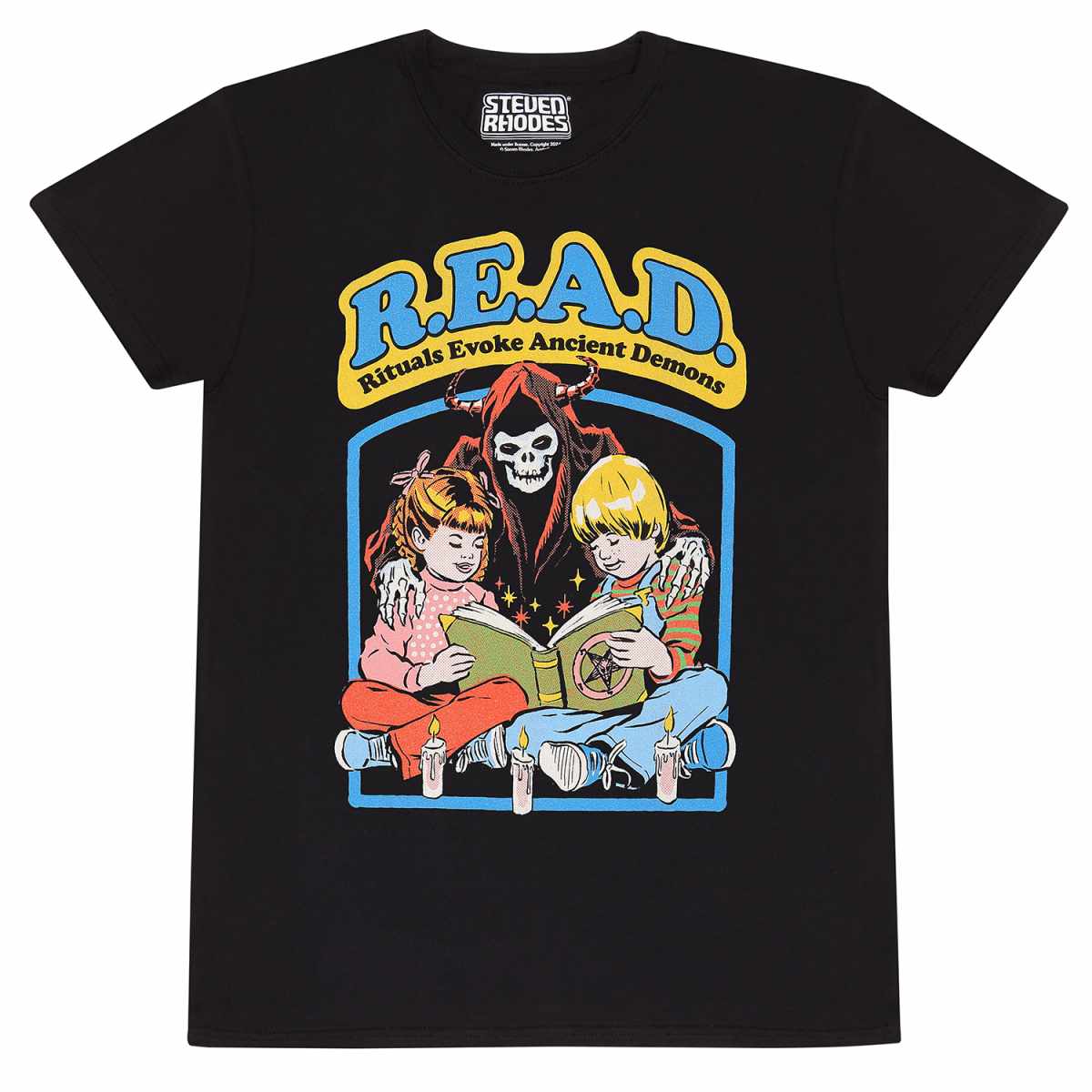 Short sleeve black t-shirt Officially Licensed Steven Rhodes merchandise. This T-shirt features an iconic design from legendary artist.