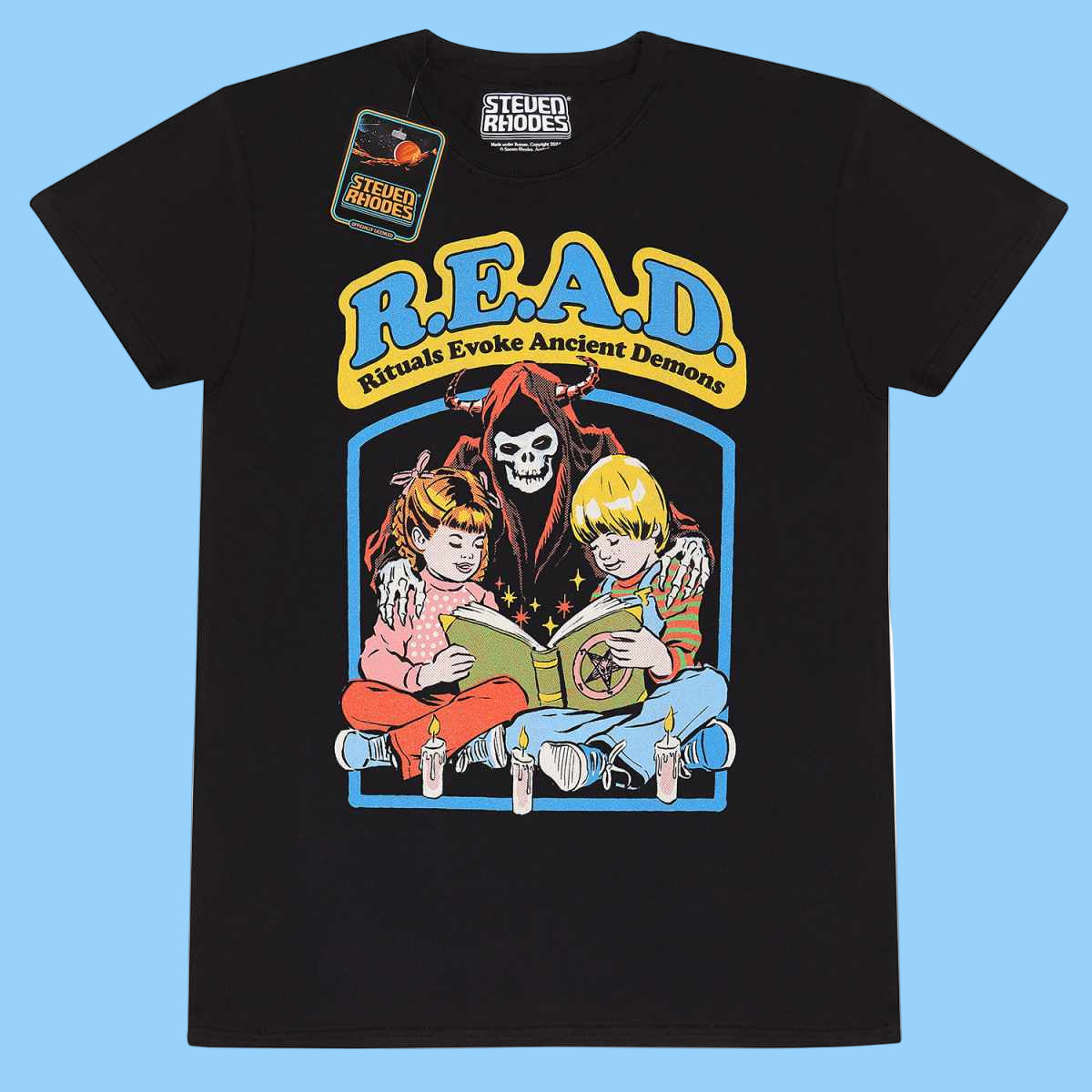 Short sleeve black t-shirt Officially Licensed Steven Rhodes merchandise. This T-shirt features an iconic design from legendary artist.