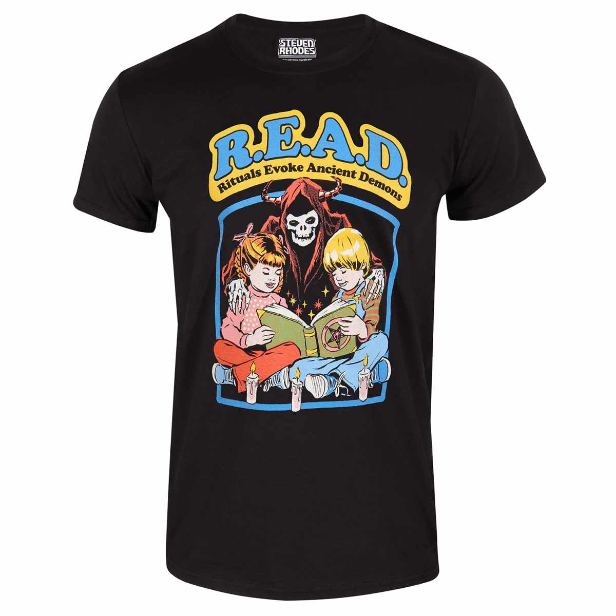 Short sleeve black t-shirt Officially Licensed Steven Rhodes merchandise. This T-shirt features an iconic design from legendary artist.