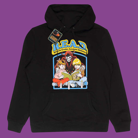 Steven Rhodes Black unisex hoodie with a retro graphic print and R.E.A.D. Rituals Evoke Ancient Demons text