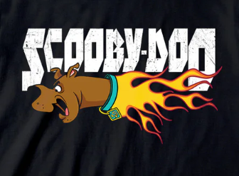 Scooby-Doo graphic with flames on a black background