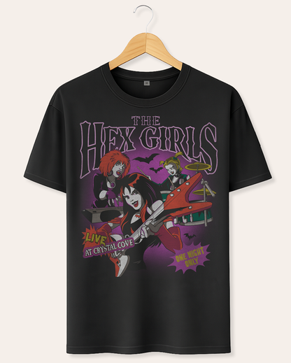 Official Scooby Doo Black t-shirt with 'The Hex Girls' graphic design on a hanger against a white background