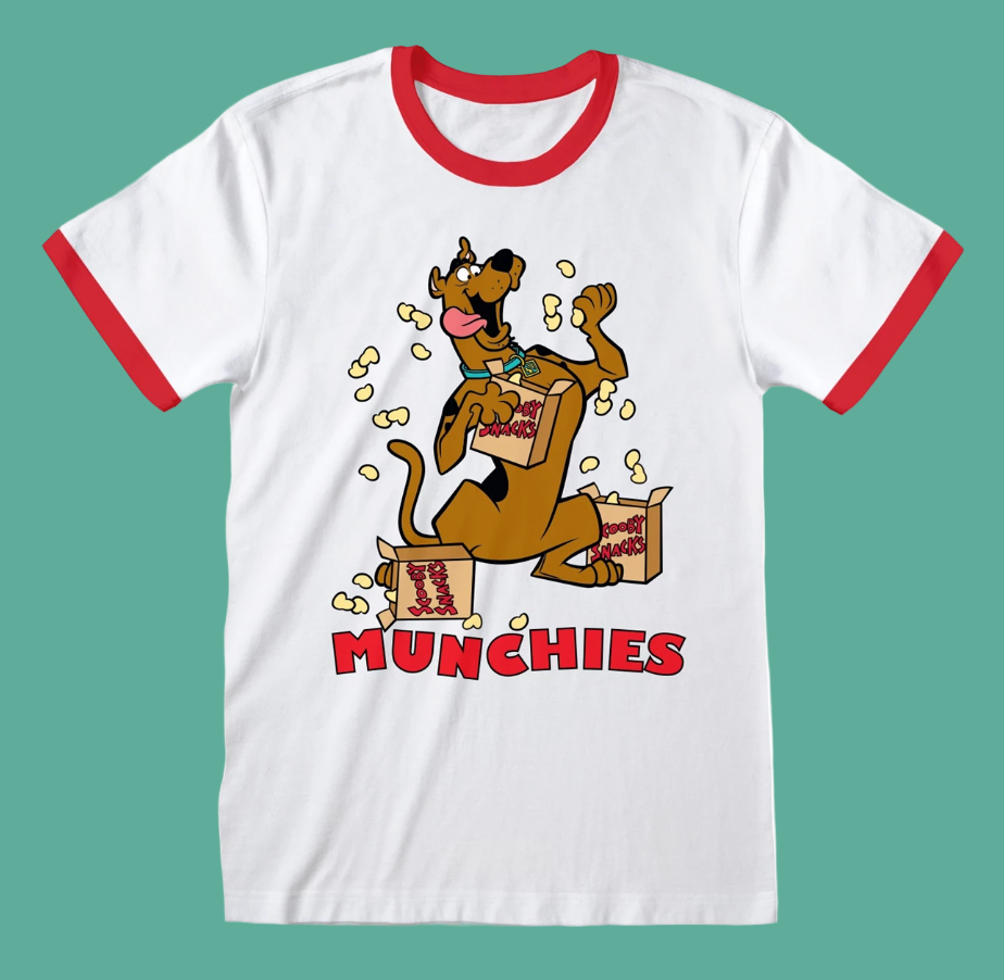 White t-shirt with red ringer sleeves featuring Scooby Doo the cartoon dog eating scooby snacks and 'Munchies' text