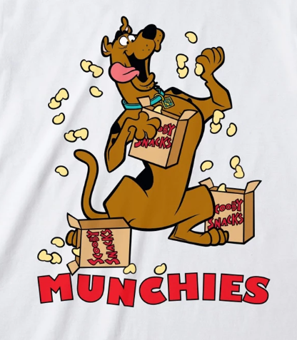 White t-shirt with red ringer sleeves featuring Scooby Doo the cartoon dog eating scooby snacks and 'Munchies' text