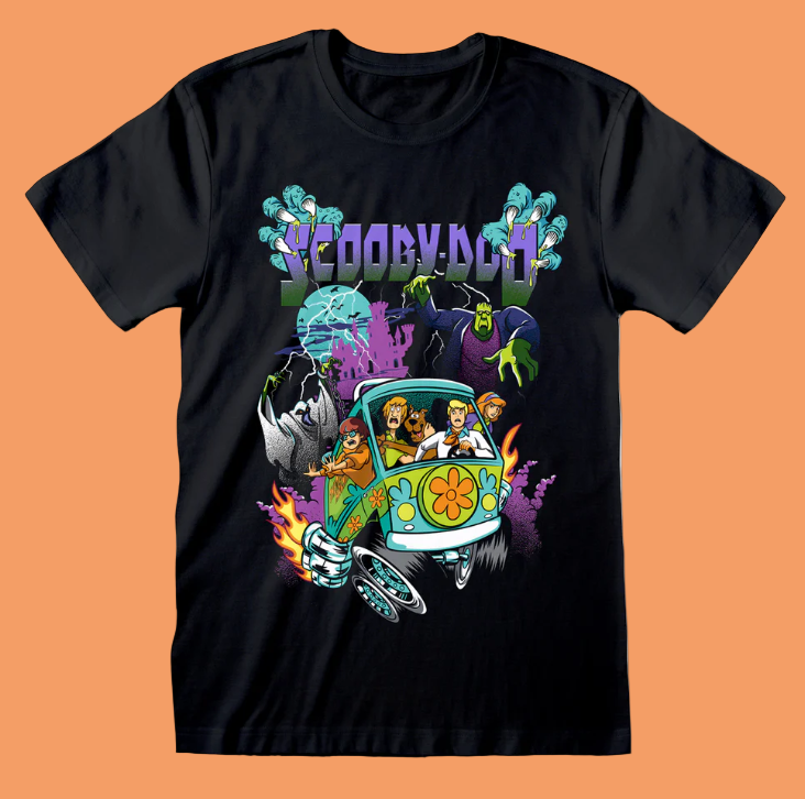 Black t-shirt with colorful 'Scooby-Doo' graphic design featuring the Mystery Machine and characters.