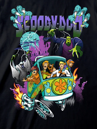 Black t-shirt with colourful 'Scooby-Doo' graphic design featuring the Mystery Machine and characters.