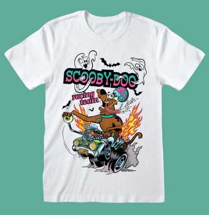 White t-shirt with Scooby-Doo graphic design on a white background