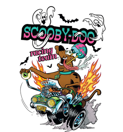 Cartoon dog on a racing car with 'Scooby-Doo Racing Team' text and Halloween elements.