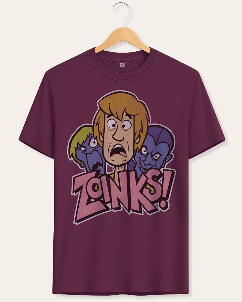 Official Scooby Doo deep plum short sleeve t-shirt with cartoon shaggy and creepy characters and 'Zoinks!' text on a hanger against a white background
