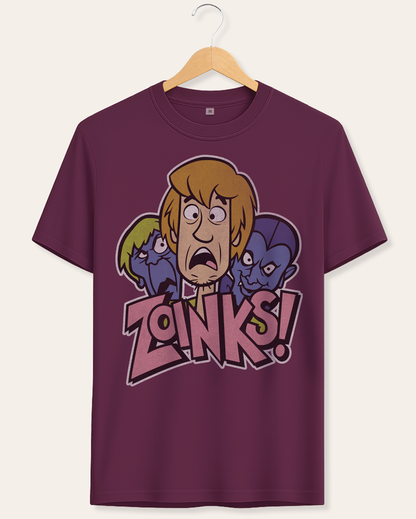 Official Scooby Doo deep plum short sleeve t-shirt with cartoon shaggy and creepy characters and 'Zoinks!' text on a hanger against a white background
