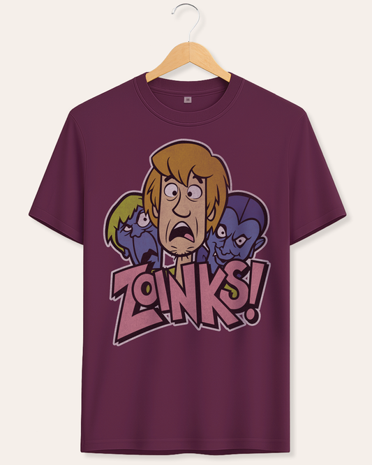 Official Scooby Doo deep plum short sleeve t-shirt with cartoon shaggy and creepy characters and 'Zoinks!' text on a hanger against a white background