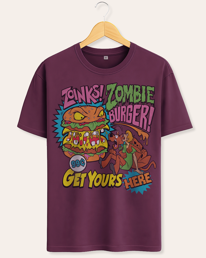 Official Scooby Doo Deep Plum short sleeve t-shirt featuring the awesome Shaggy and Scooby with a Zombie Burger and fun and spooky text