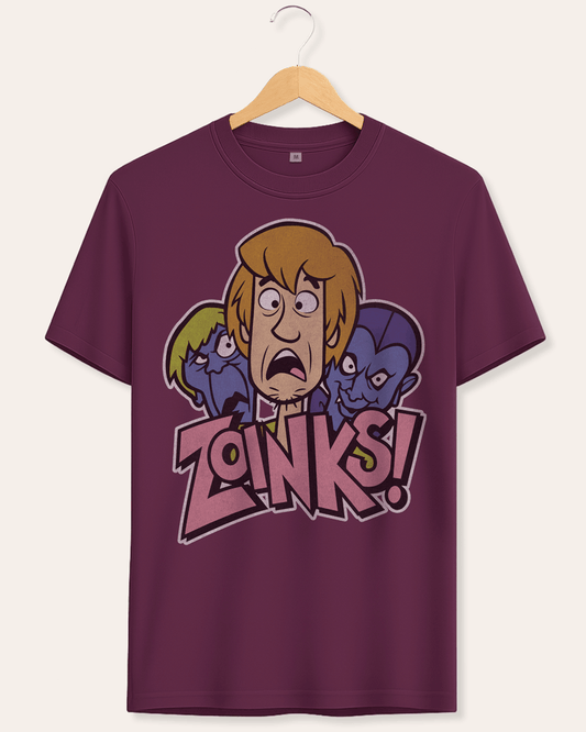 Deep plum t-shirt with cartoon Scooby Doo characters and 'Zoinks!' text on a hanger against a white background