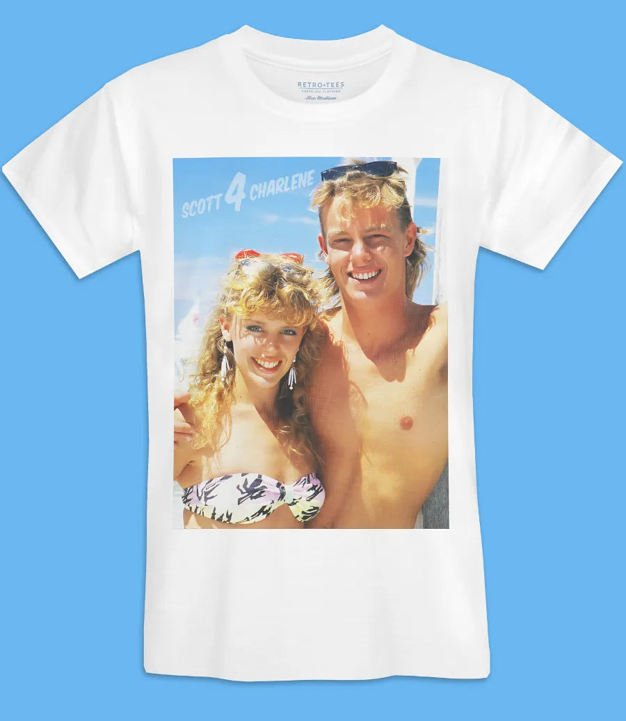 Retro Tees mens unisex white short sleeve t shirt featuring Neighbours TV show Scott and Charlene beach design
