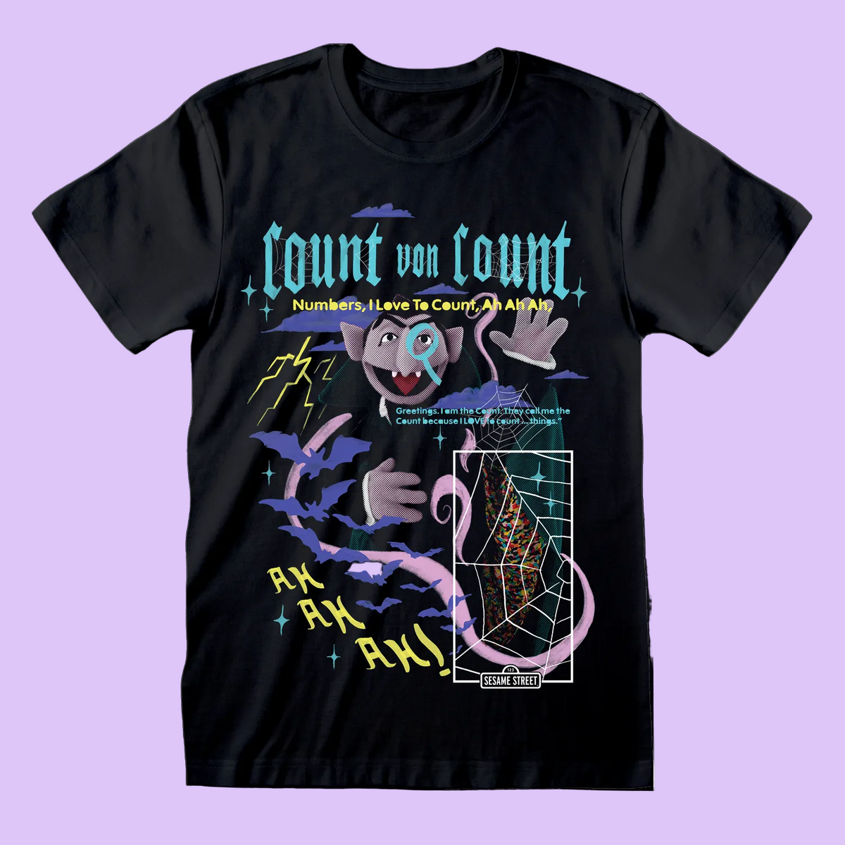 Black t-shirt with colorful graphic design featuring text and cartoon sesame street character