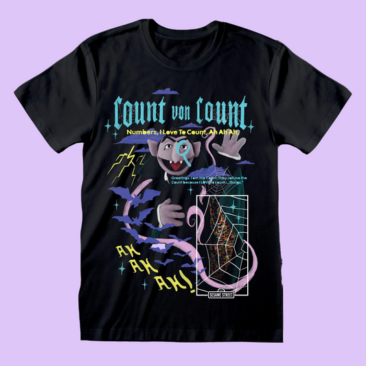 Black t-shirt with colorful graphic design featuring text and cartoon sesame street character