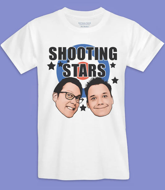 mens unisex short sleeve white t shirt featuring 90s shooting stars tv comedy show logo and presenters