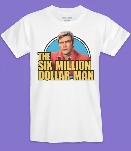 Retro Tees soft white short sleeve t-shirt featuring The six million dollar man text and colour design
