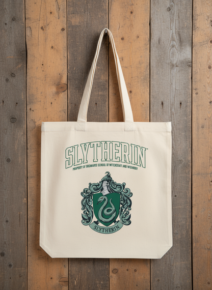Harry Potter Tote bag with Slytherin emblem and text 