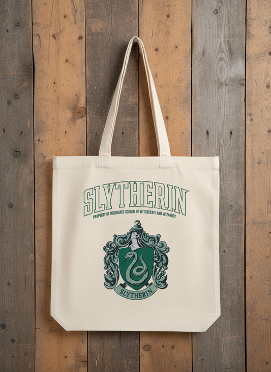 Harry Potter Tote bag with Slytherin emblem and text 