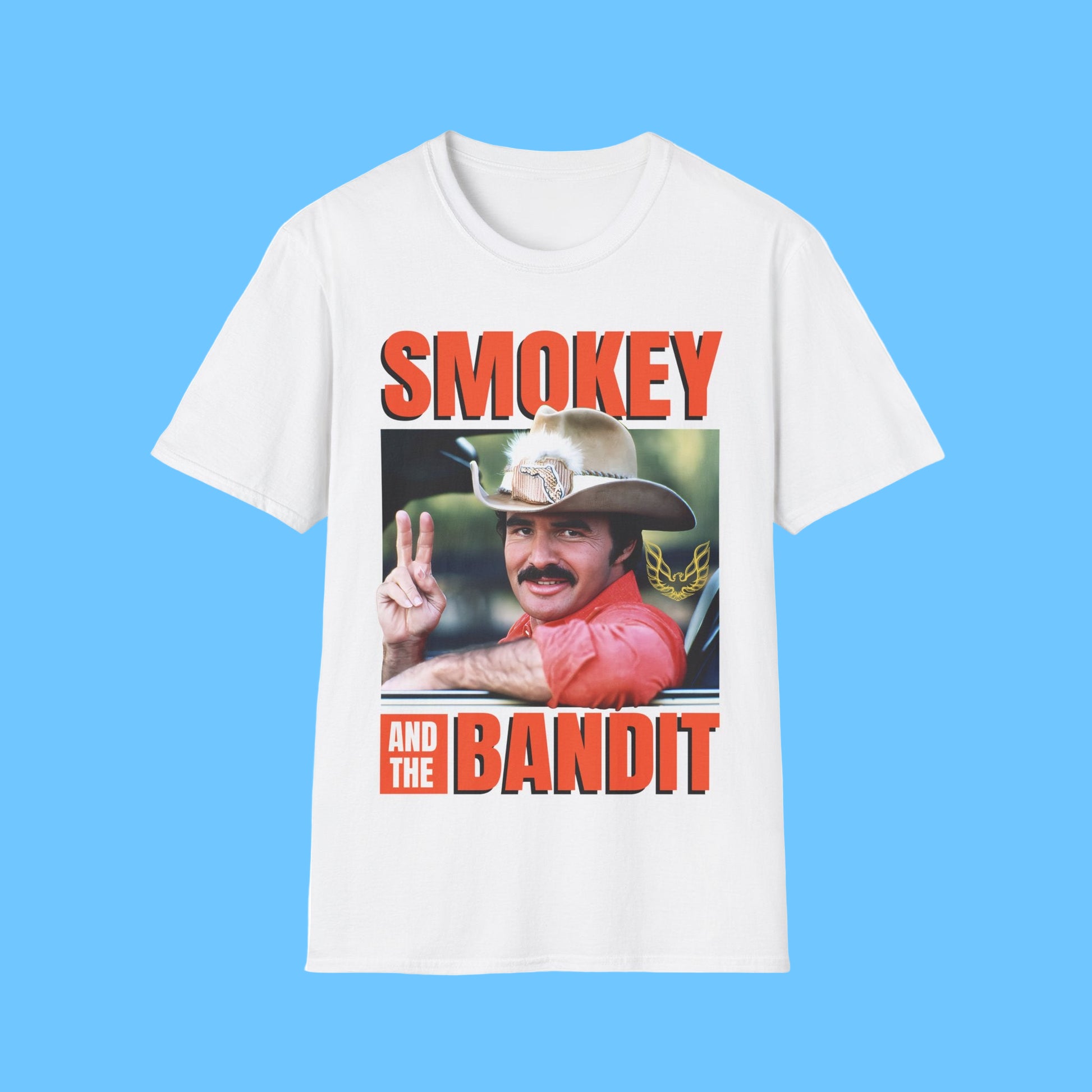 White t-shirt with 'Smokey and the Bandit' graphic design on a white background