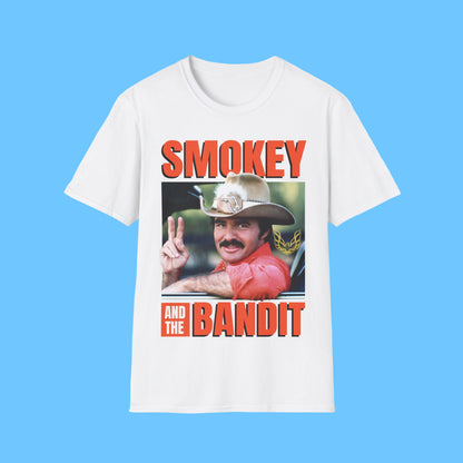 White t-shirt with 'Smokey and the Bandit' graphic design on a white background