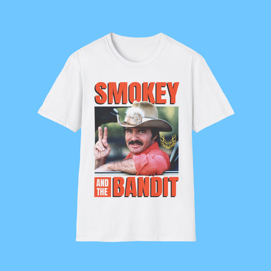 White t-shirt with 'Smokey and the Bandit' graphic design on a white background