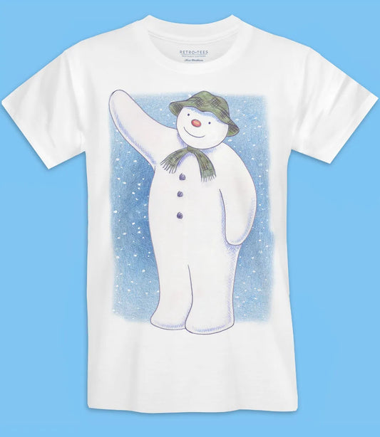 mens unisex white short sleeve t shirt featuring snowman waving